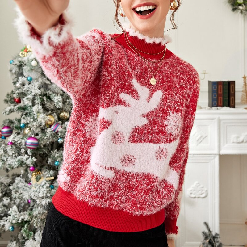 

Christmas Raglan Sleeve Fuzzy Sweater, Red
