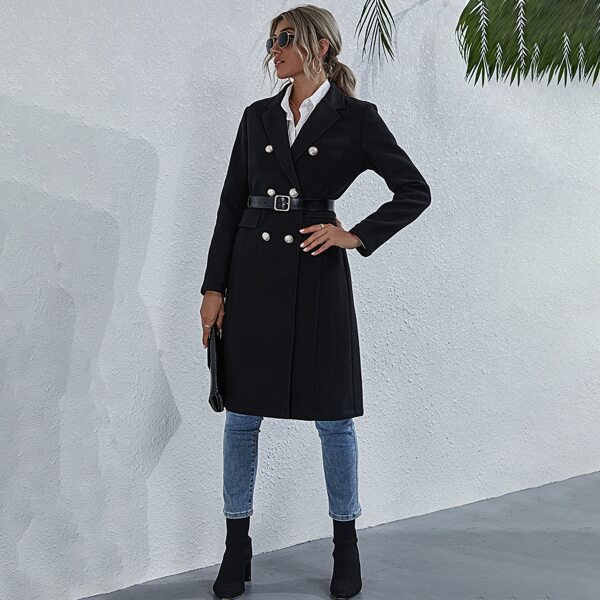 

Lapel Collar Solid Pea Coat Without Belt, Black