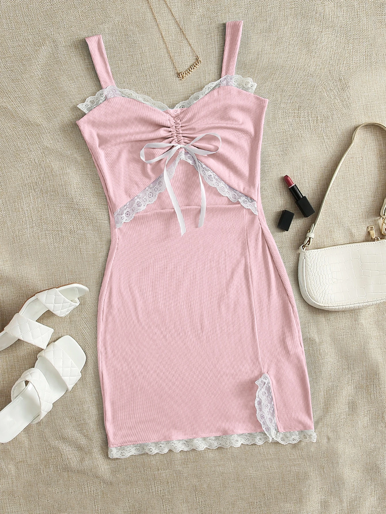 Lace insert peekaboo tie front cami dress Clearance