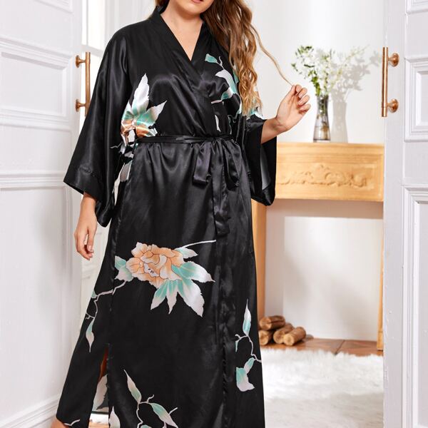 

Plus Flower Print Belted Satin Robe, Black