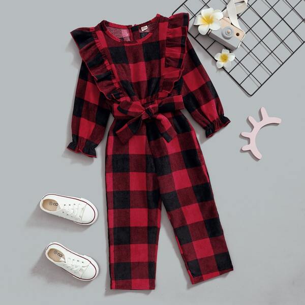 

Toddler Girls Buffalo Plaid Ruffle Trim Belted Jumpsuit, Multicolor