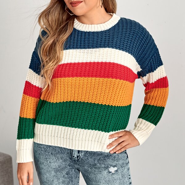 

Plus Rainbow Striped Drop Shoulder Sweater, Multicolor