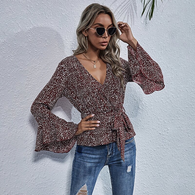 

Dalmatian Print Flounce Sleeve Belted Blouse, Maroon