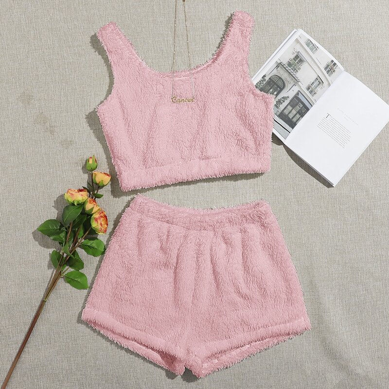 

Faux Fur Fluffy Crop Tank Top & Shorts Set, Baby pink