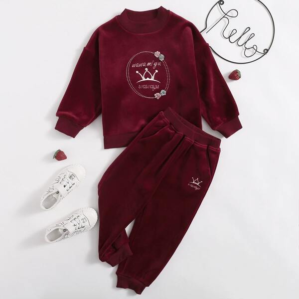 

Toddler Girls Velvet Embroidery Appliques Sweatshirt With Joggers, Maroon