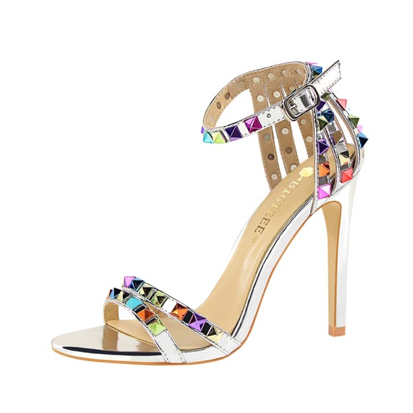 

Spiked Decor Ankle Strap Sandals, Silver