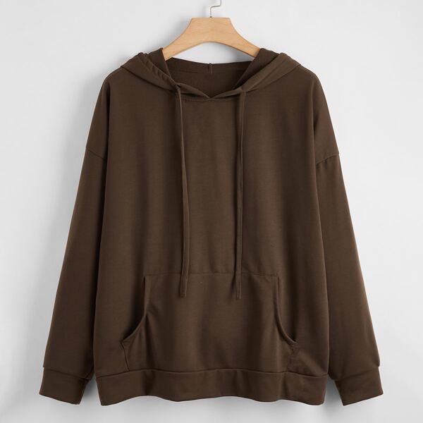 

Plus Kangaroo Pocket Drawstring Hoodie, Chocolate brown