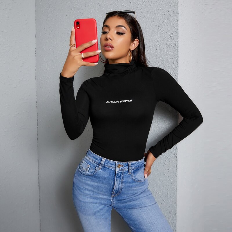 

Letter Embroidered Form Fitted Top, Black