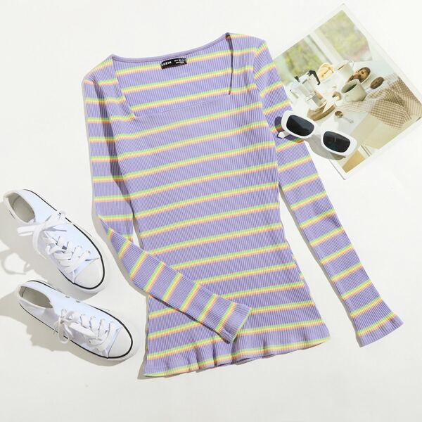 

Square Neck Rib-knit Stripe Tee, Lilac purple