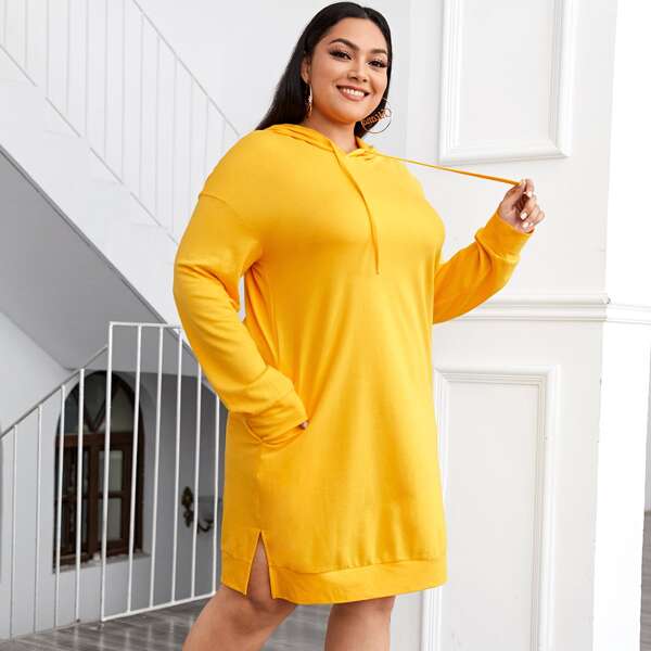 

Plus Solid Side Split Hooded Sweatshirt Dress, Bright yellow
