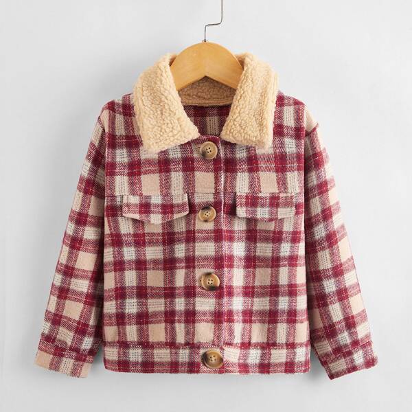 

Toddler Girls Plaid Contrast Teddy Collar Wool-mix Fabric Jacket, Multicolor