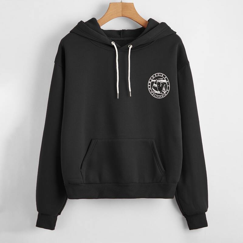 

Letter Graphic Drop Shoulder Hoodie, Black