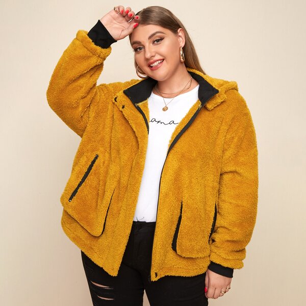 

Plus Zip Up Pocket Front Teddy Hooded Jacket, Mustard yellow