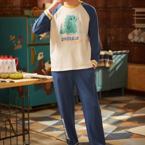 

Men Cartoon Graphic Contrast Raglan Sleeve PJ Set, Multicolor