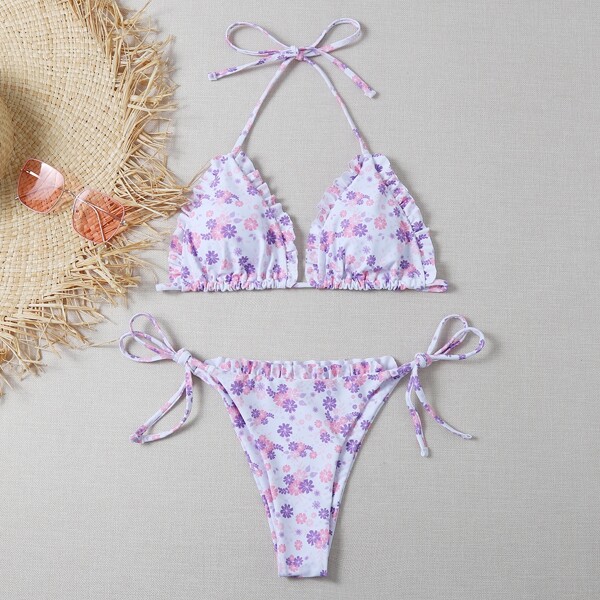 

Floral Frill Triangle Tie Side Bikini Swimsuit, Multicolor