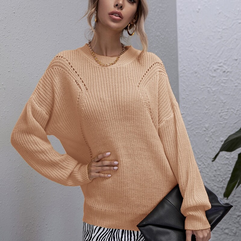 

Drop Shoulder Open Knit Sweater, Apricot