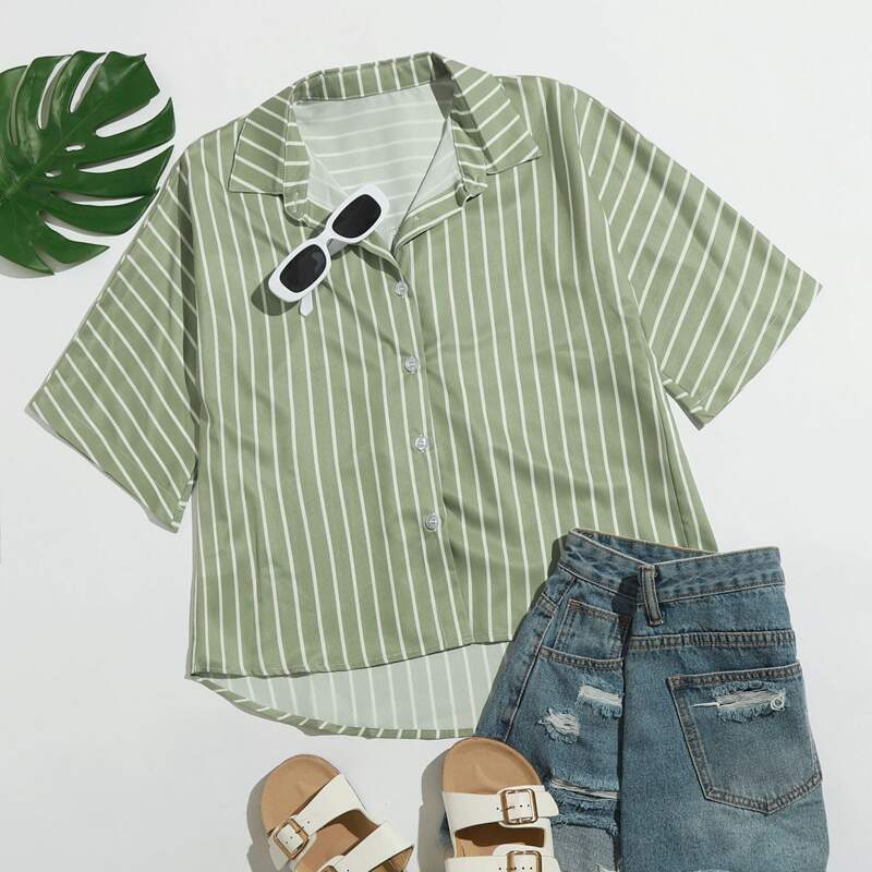 

Vertical Striped Batwing Sleeve Blouse, Lime green