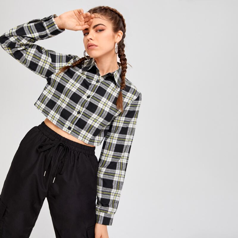 

Tartan Print Crop Blouse, Multicolor
