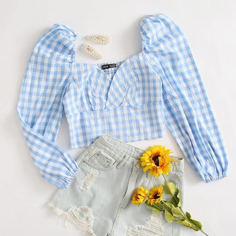 

Puff Sleeve Gingham Milkmaid Top, Blue and white