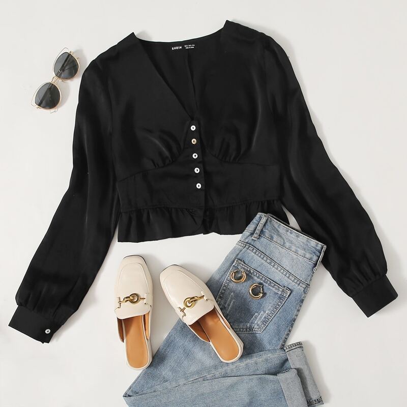 

Button Front Peplum Top, Black