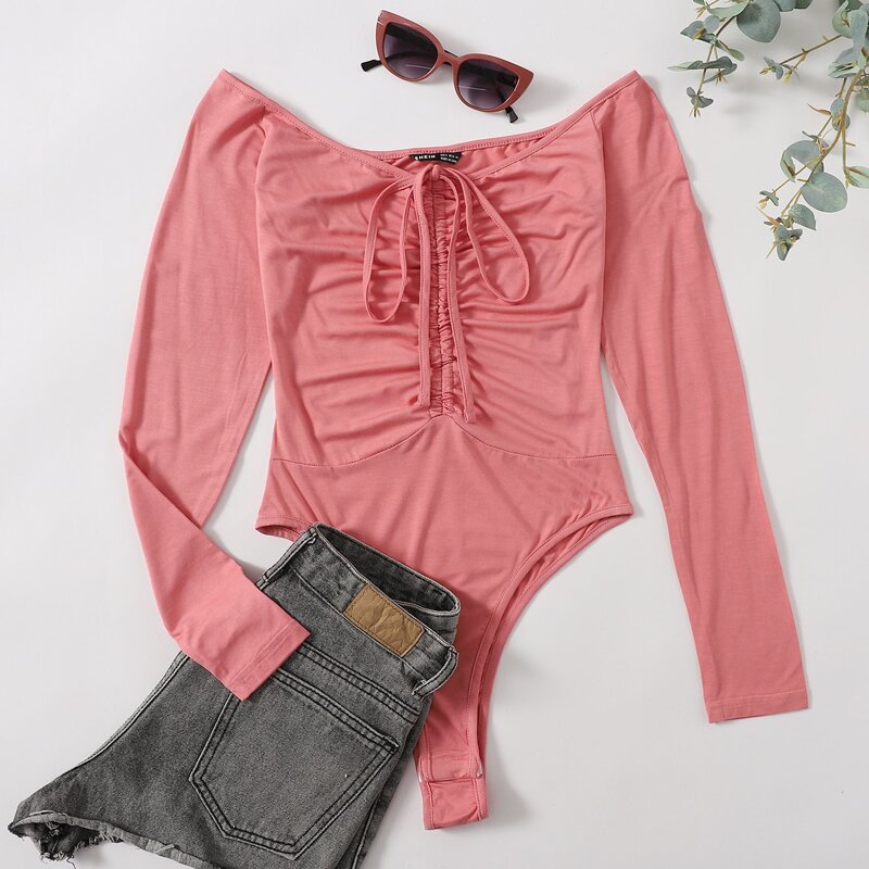 

Plunging Drawstring Front Slim Fit Bodysuit, Baby pink