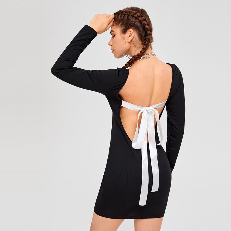 

Backless Tie Back Ribbed Bodycon Dress, Black