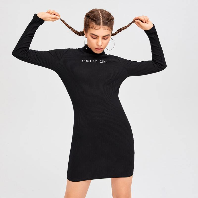 

Slogan Embroidered Bodycon Dress, Black
