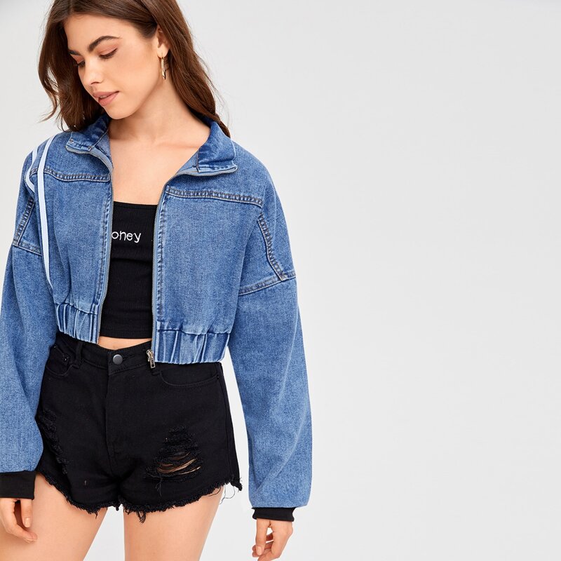 

Zip Up Striped Crop Denim Jacket, Medium wash