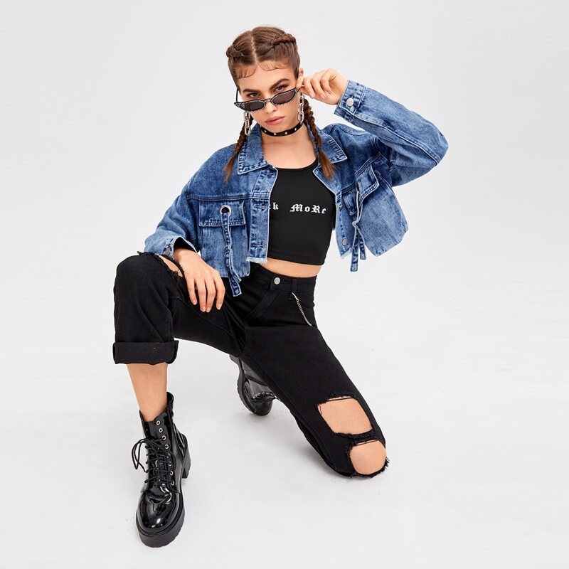 

Raw Hem Crop Denim Jacket, Dark wash