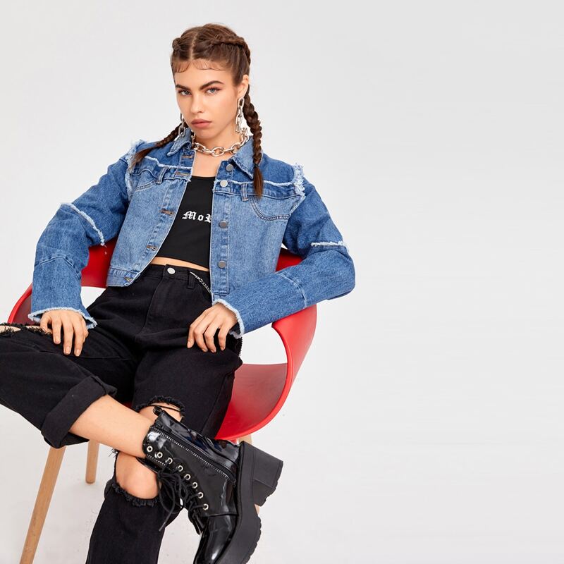 

Bleach Wash Raw Trim Crop Denim Jacket, Medium wash