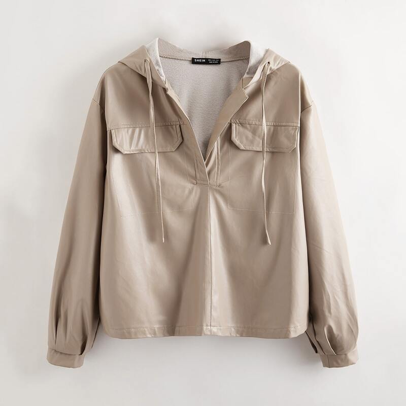 

Drawstring PU Leather Hoodie, Khaki