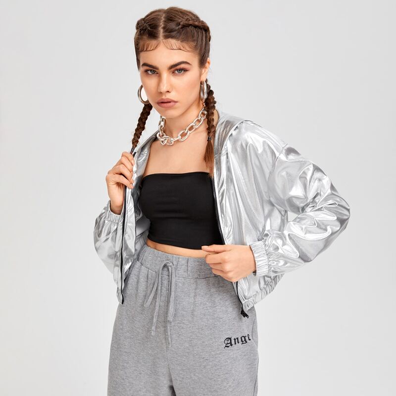 

Zipper Fly Hooded Crop Jacket, Silver