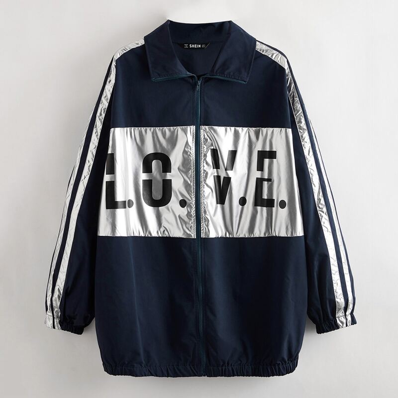 

Letter Graphic Panel Striped Side Jacket, Navy blue