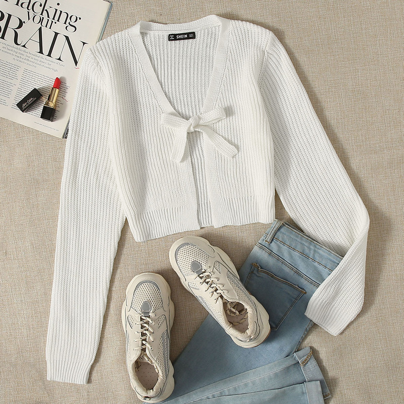 

Tie Front Solid Crop Cardigan, White