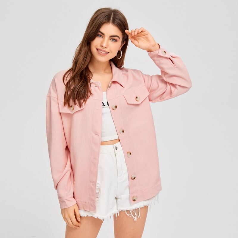 

Flap Detail Drop Shoulder Cord Jacket, Pastel baby pink