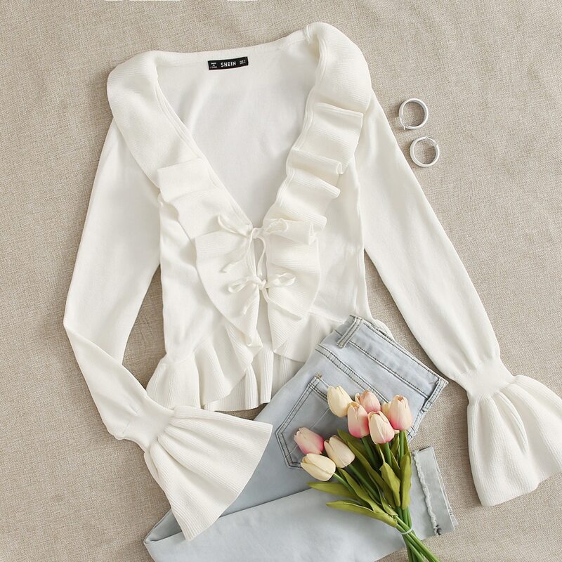 

Tie Front Ruffle Trim Cardigan, White