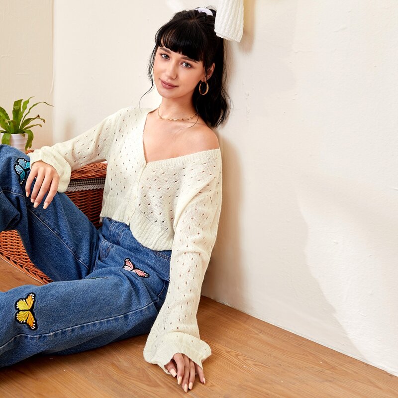 

Button Front Drop Shoulder Crop Cardigan, White