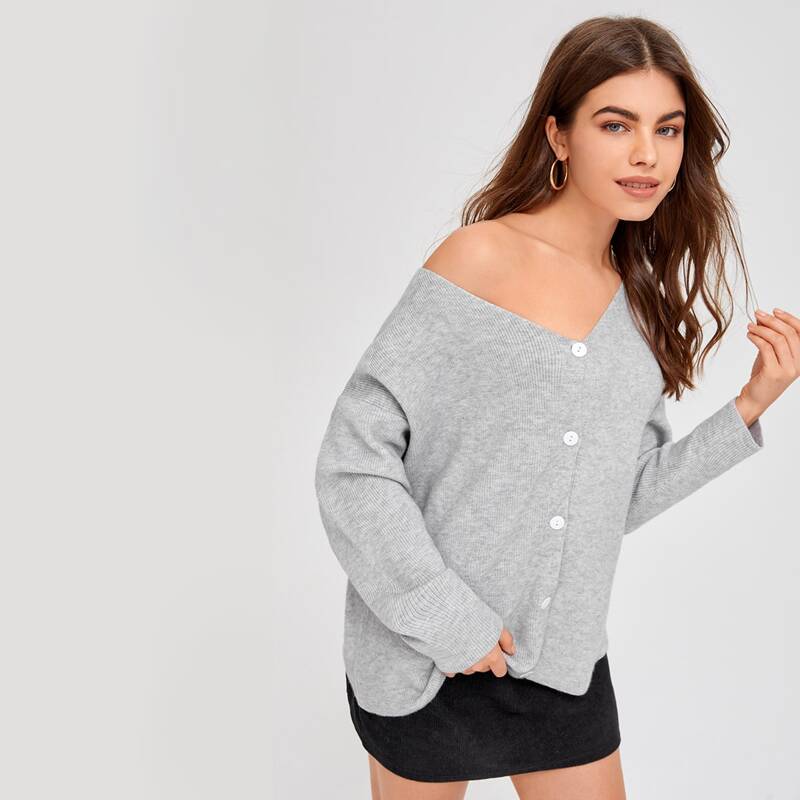 

Solid Button Front Drop Shoulder Cardigan, Grey