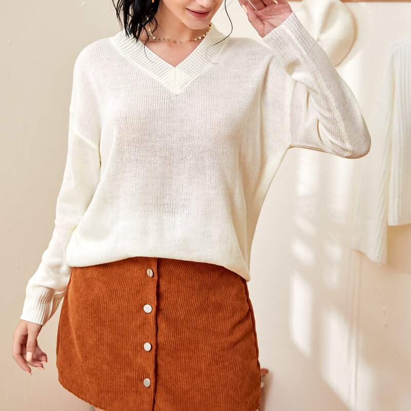 

V-neck Drop Shoulder Solid Longline Sweater, White