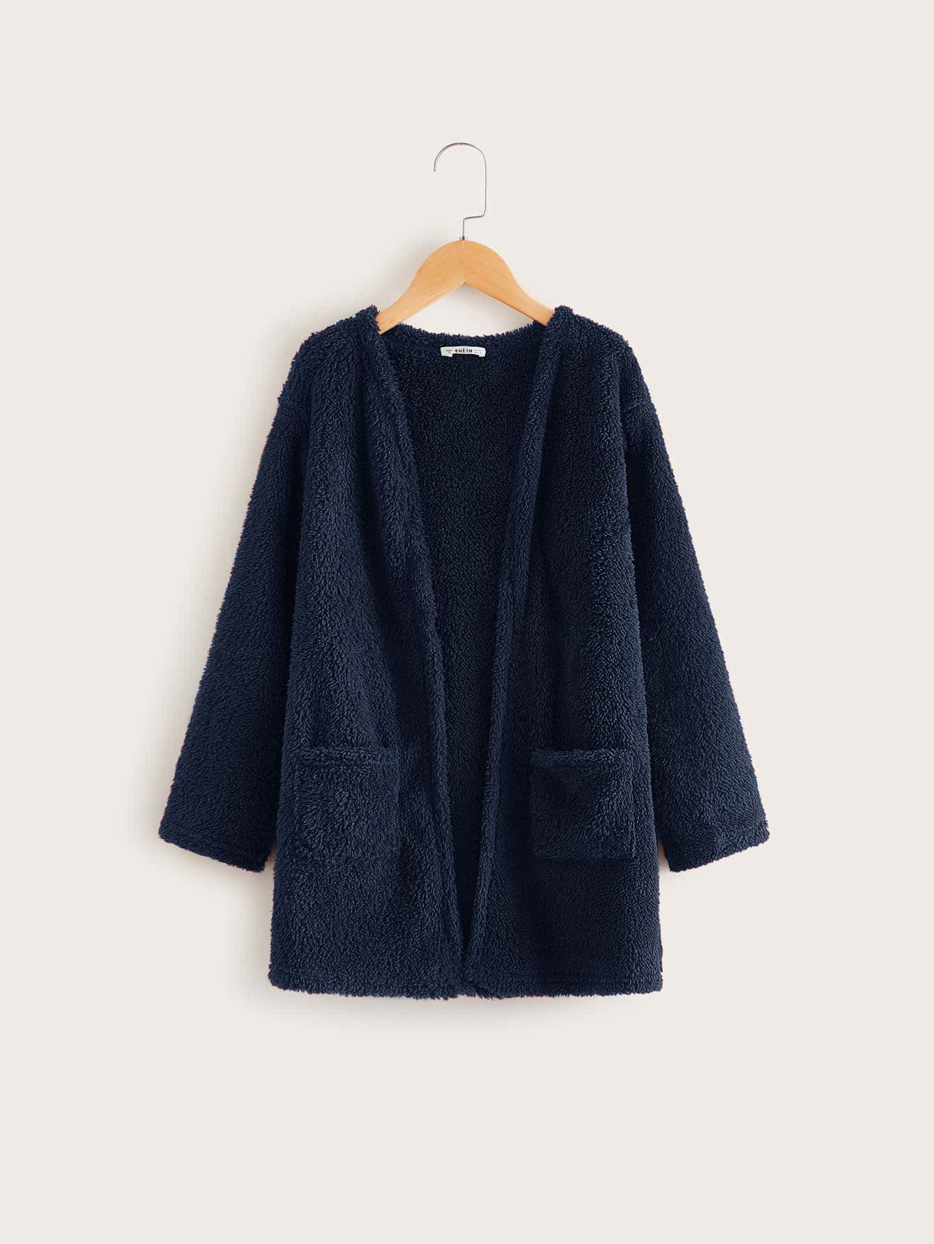 SHEIN Girls Pocket Front Teddy Coat - Navy Blue - View 1