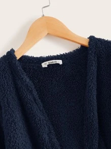 SHEIN Girls Pocket Front Teddy Coat - Navy Blue - View 3