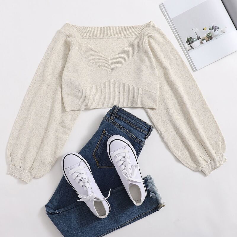 

Lantern Sleeve V-neck Crop Sweater, Beige