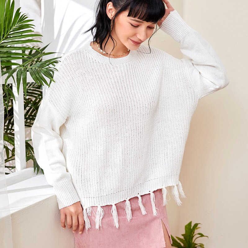 

Drop Shoulder Fringe Hem Solid Sweater, White