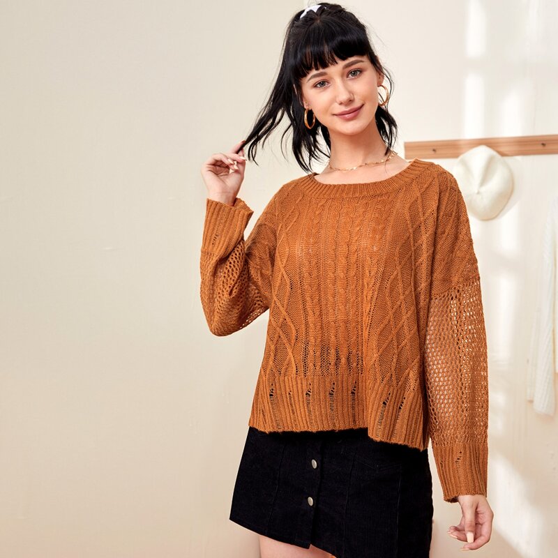

Drop Shoulder Mixed Knit Sweater, Brown