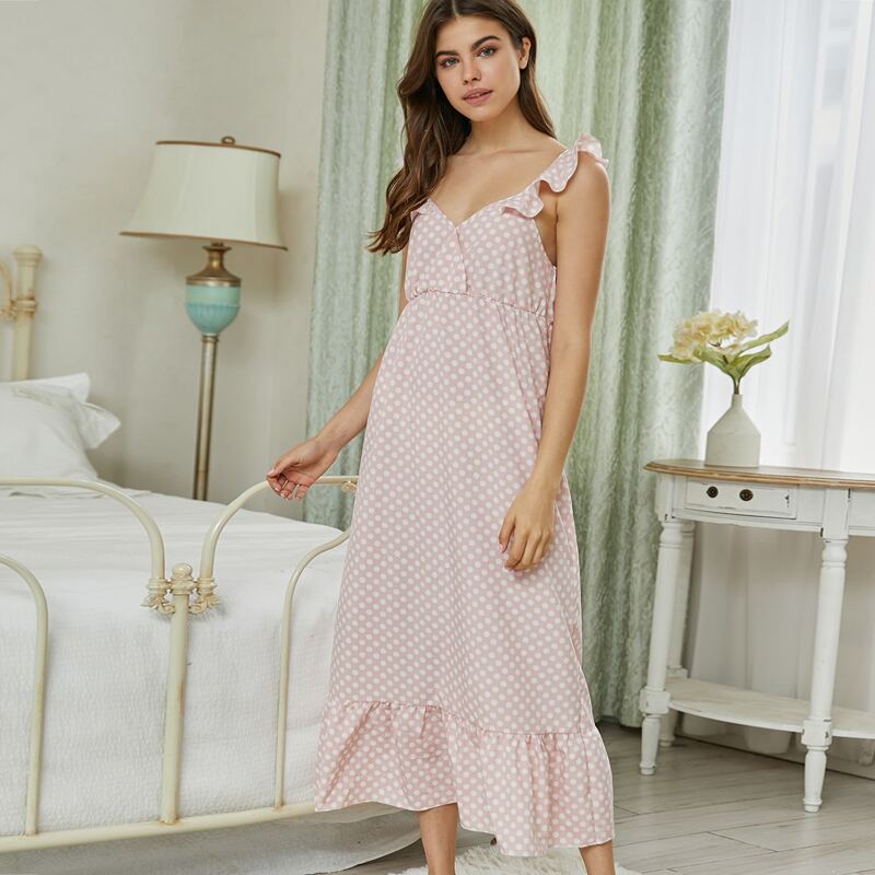 

Ruffle Trim Polka Dot Night Dress, Dusty pink
