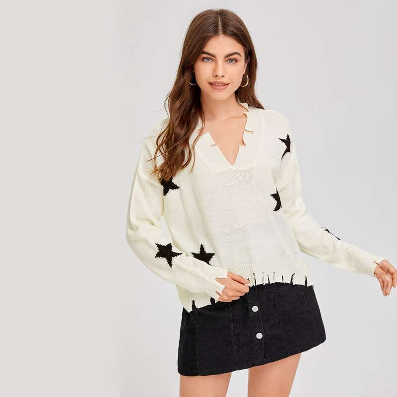 

Drop Shoulder Ripped Trim Star Pattern Sweater, Beige