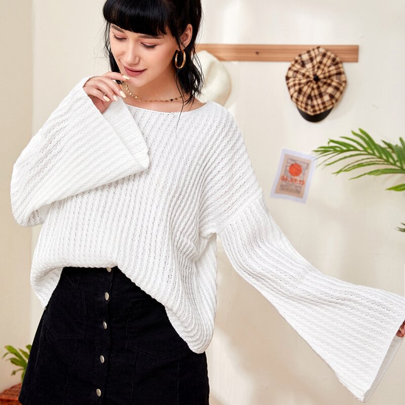 

Drop Shoulder Cable Knit Sweater, White