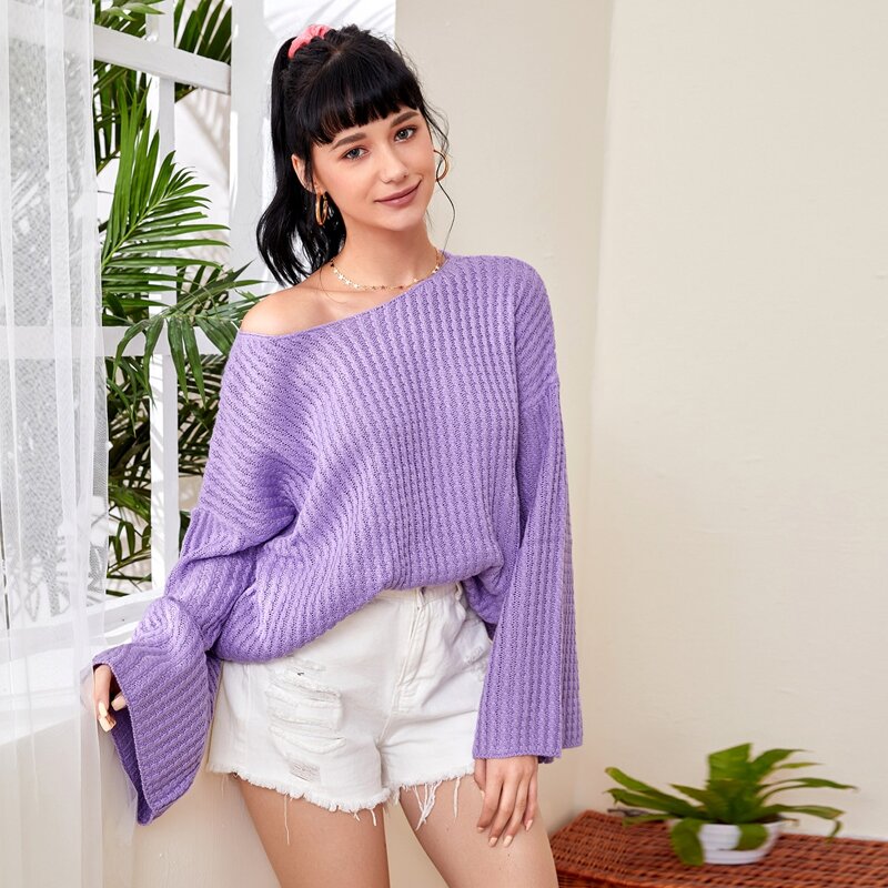 

Flounce Sleeve Solid Sweater, Lilac purple