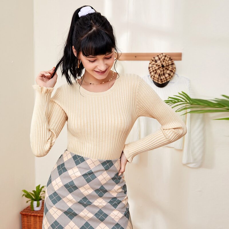 

Frill Trim Solid Sweater, Beige