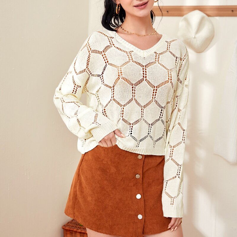 

Drop Shoulder Open Knit Sweater, White